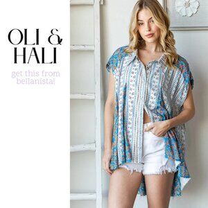 Oli & Hali Blue printed flare hem button up swing top size S